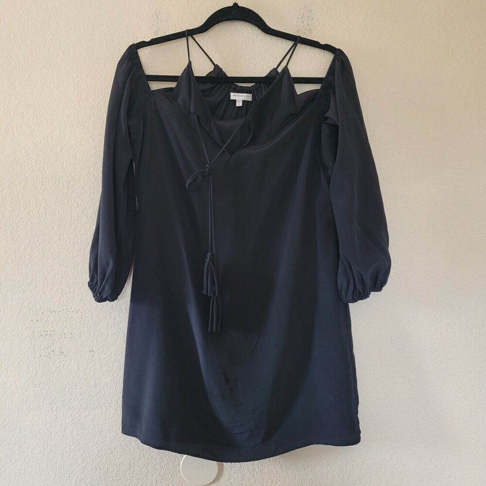 Lavender Brown 100% Silk Blend Black Mini Dress Size S Lined Lightweight Tassel